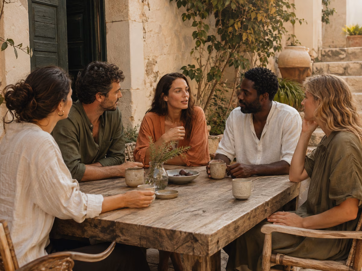Illustration of a small group sharing a conversation around a wooden table