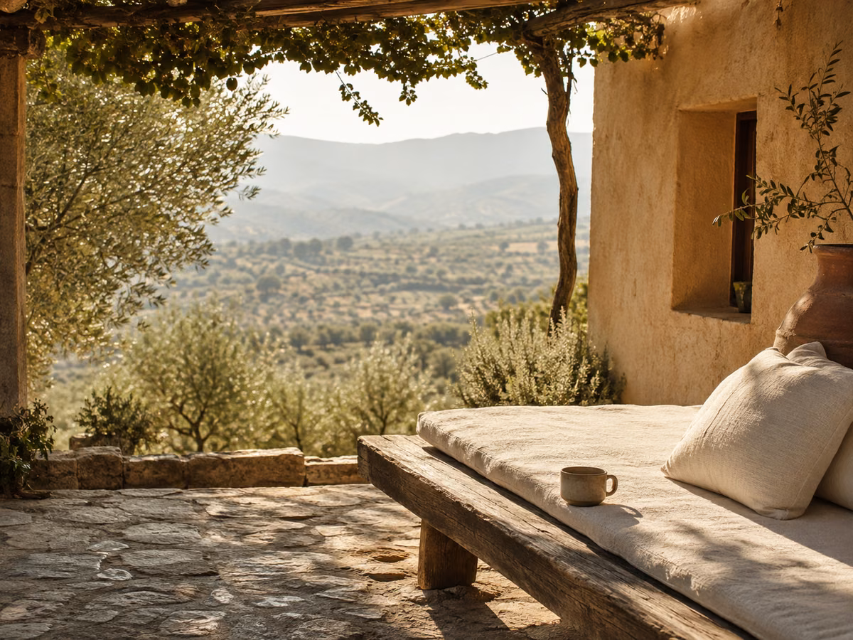 Illustration of a quiet terrace overlooking olive trees and distant hills
