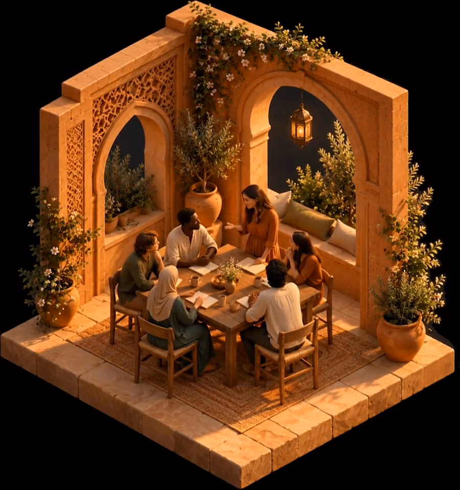 An isometric model of a warm terracotta courtyard: six people talking around a wooden table, with potted olive trees, cushions and a hanging lantern.