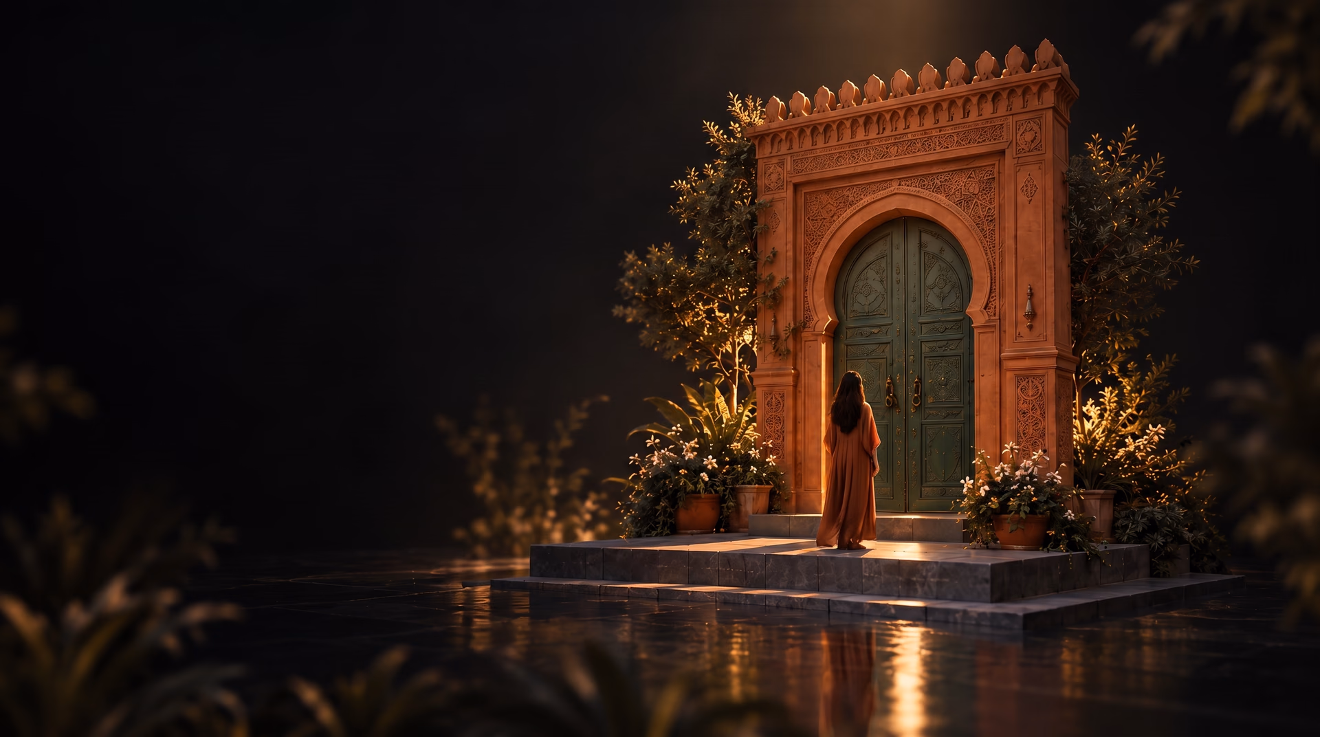 A woman standing before an ornate terracotta doorway, reflected in still water